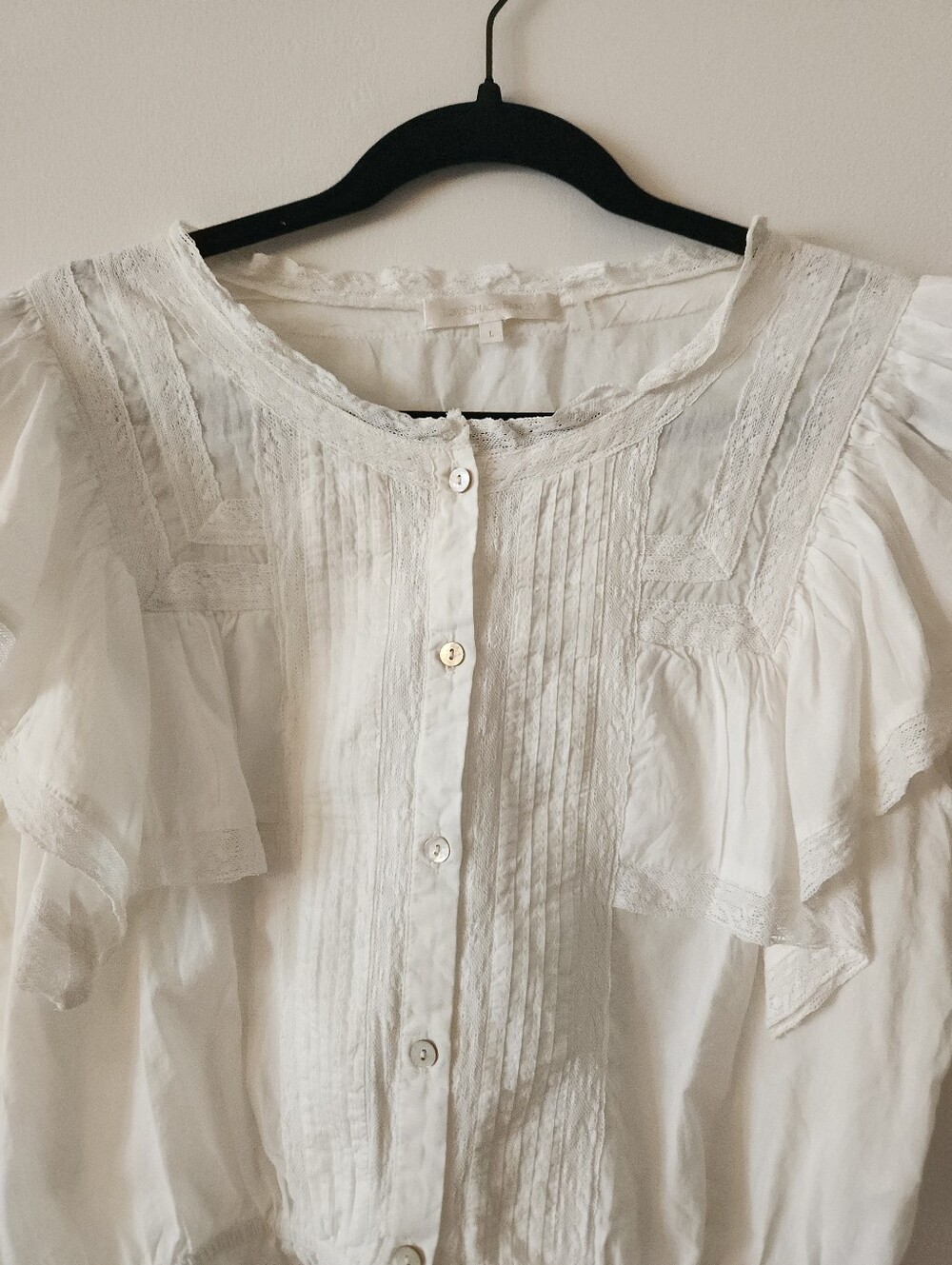 LOVESHACKFANCY Nora  100% Cotton Voile Ruffle Flutter Sleeve Lace Trim Blouse - Picture 3 of 6